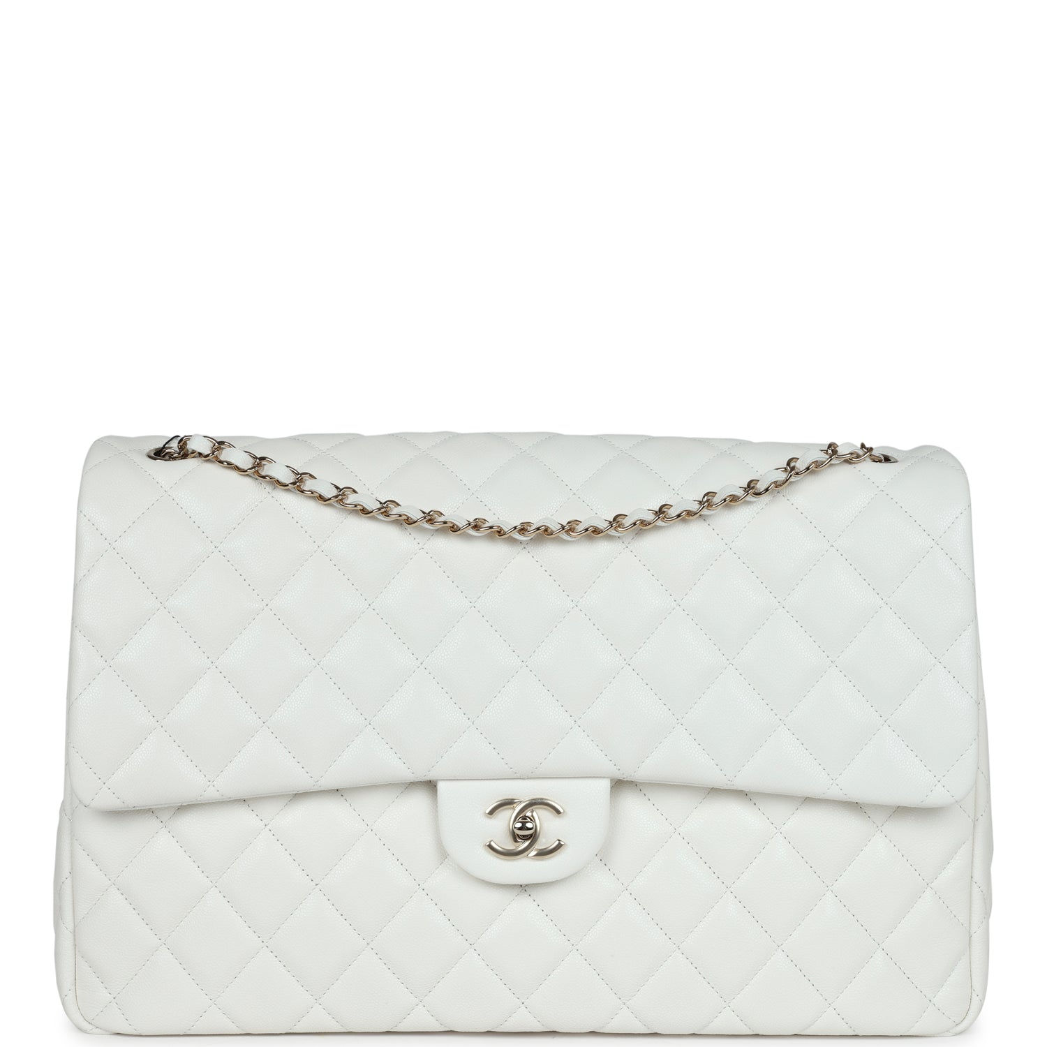 Front view of the Chanel XXL Classic Single Flap Bag in white shiny caviar leather with light gold-tone hardware