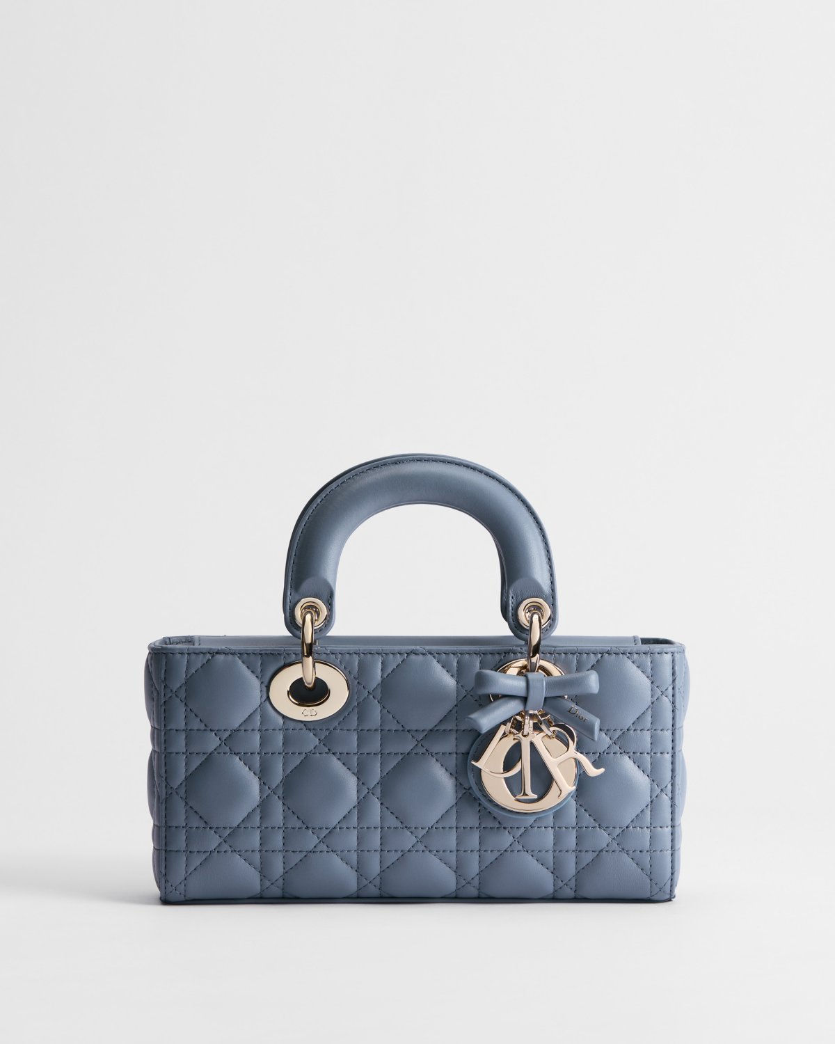 Dior Small Lady D-Joy bag with bow in blue gray Cannage lambskin – front view