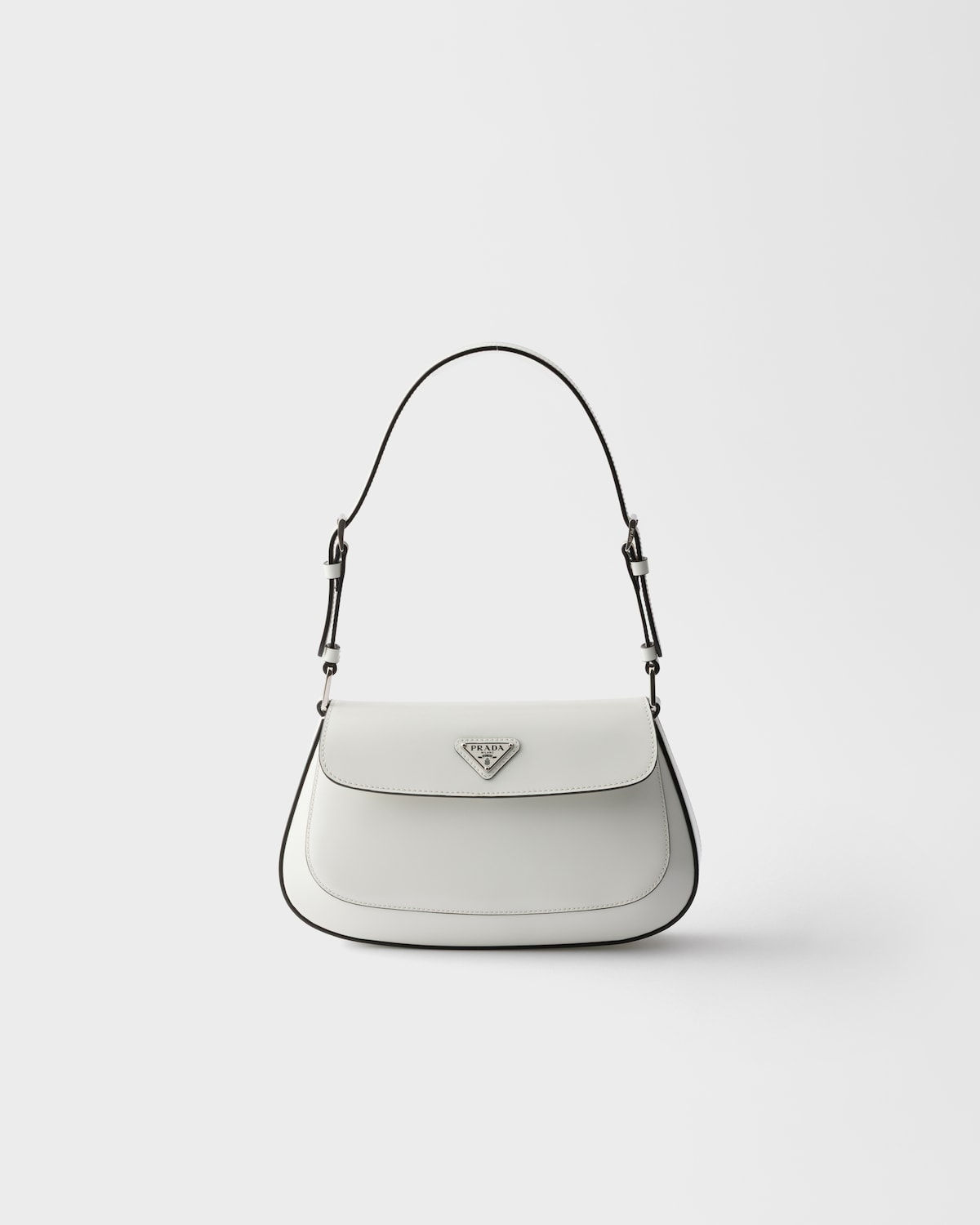 Prada Cleo flap shoulder bag in white brushed leather – front view