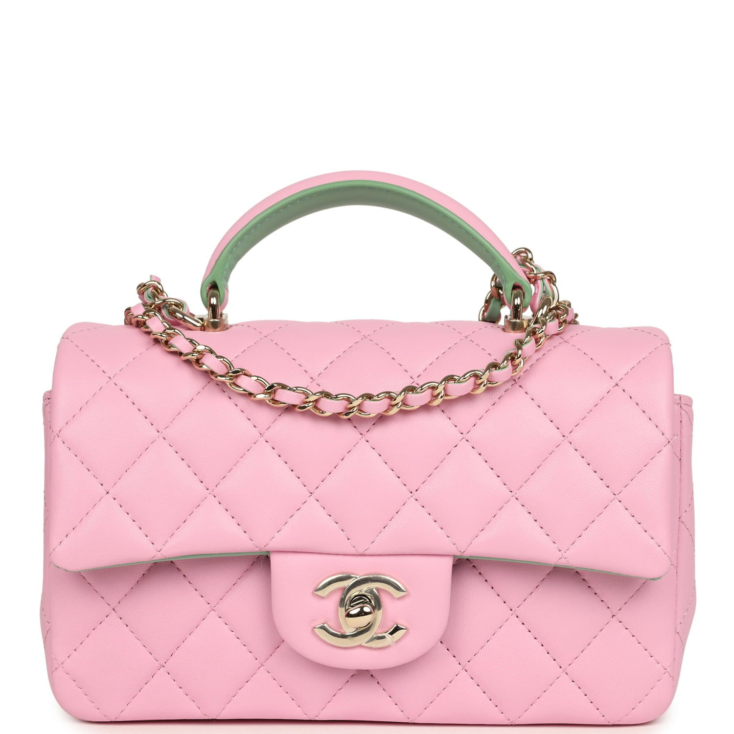 Chanel Mini Rectangular Flap Bag with Top Handle in pink lambskin, front view with green-lined handle