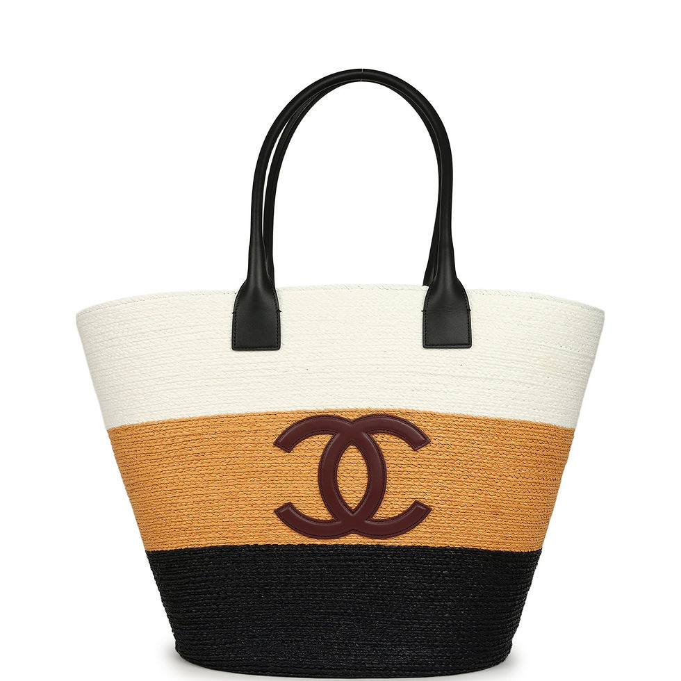 Chanel Maxi Coco Beach Small Shopping Bag in white, dark beige and black raffia, shown front-facing