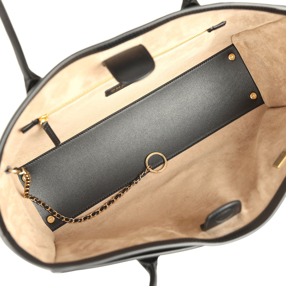 Thumbnail: Interior view showing the beige suede lining, black leather trim, and gold-tone key ring