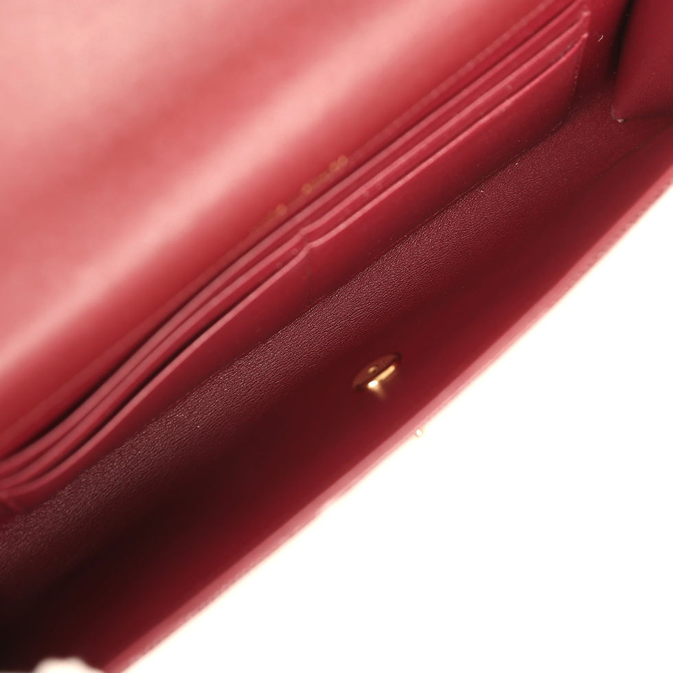 Thumbnail: Chanel Made in France stamp on leather interior of burgundy lizard-embossed clutch