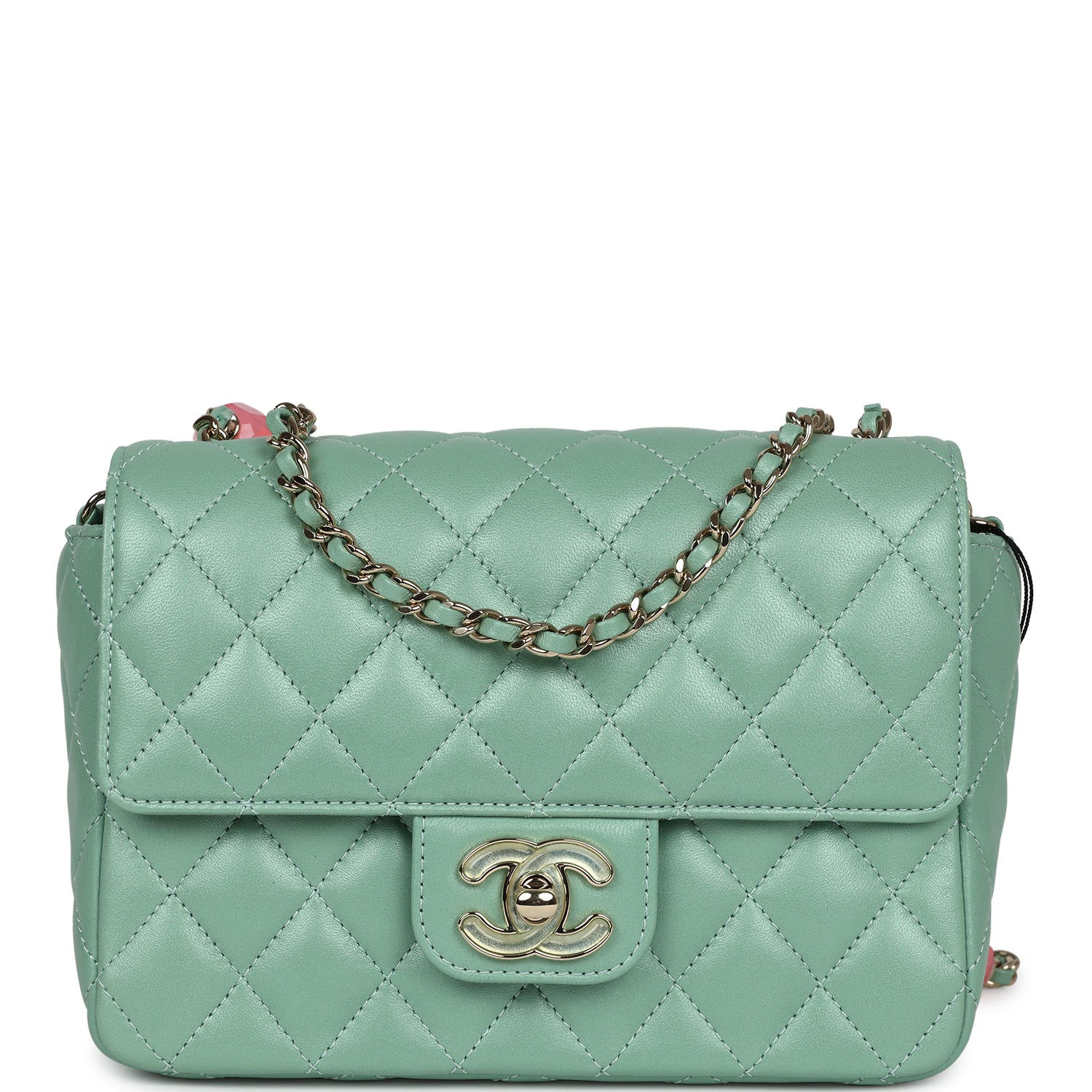Chanel Candy Heart Mini Flap Bag in sage green lambskin, front view with CC turnlock