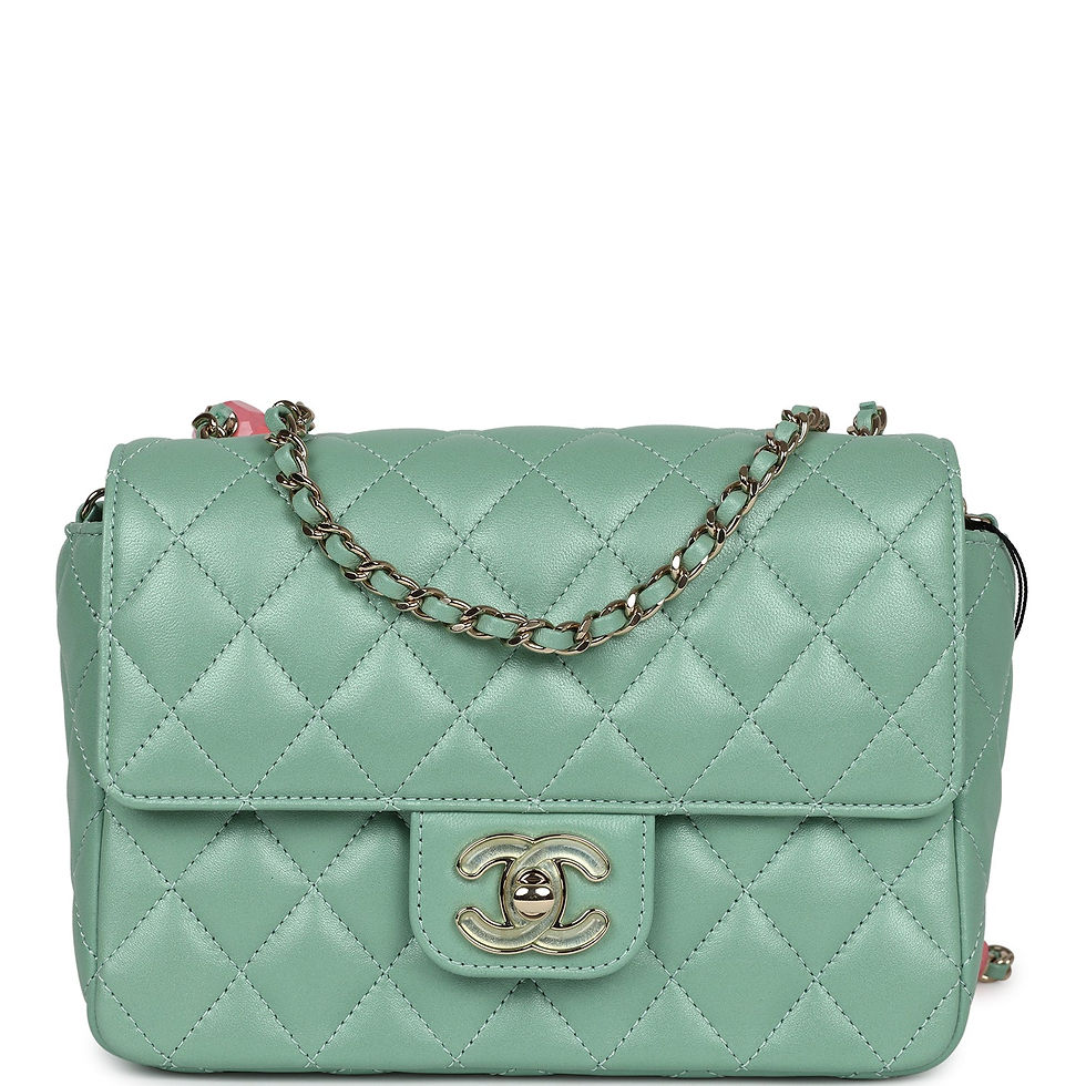 Chanel Candy Heart Mini Flap Bag in sage green lambskin, front view with CC turnlock