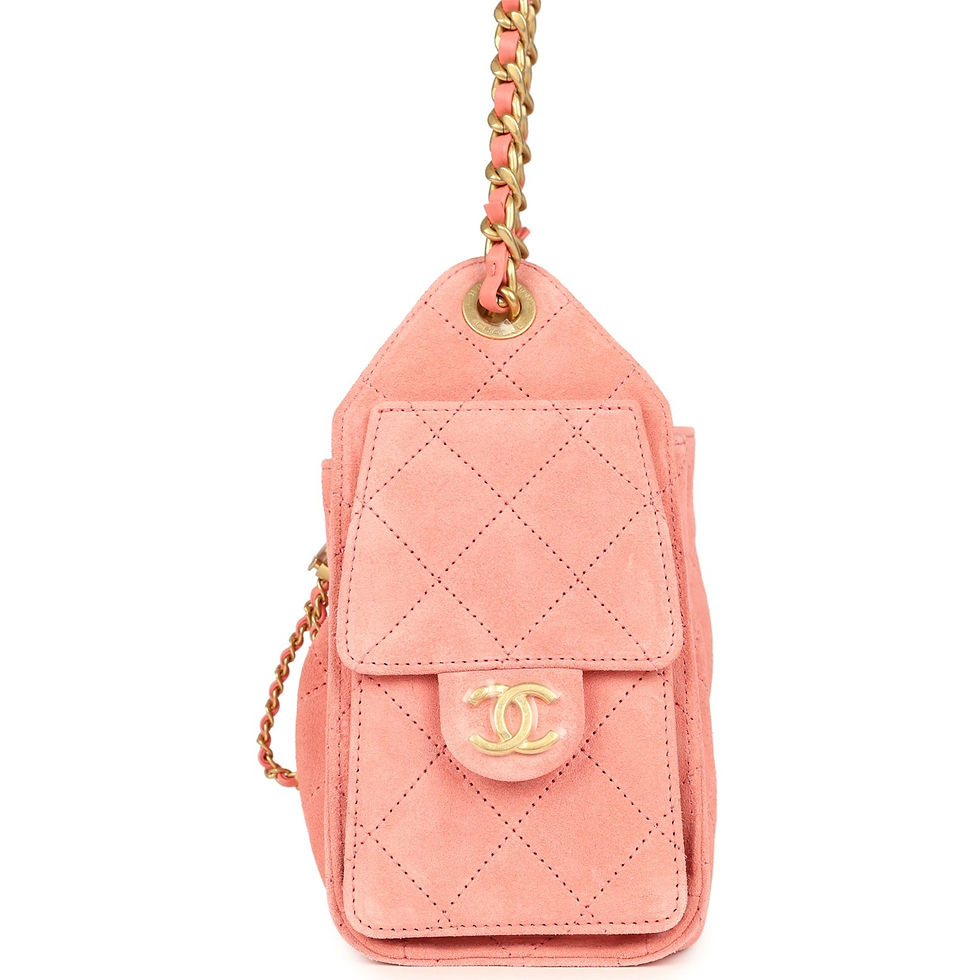 Thumbnail: Side profile of the coral pink suede hobo bag showing the flap pocket and antique gold hardware