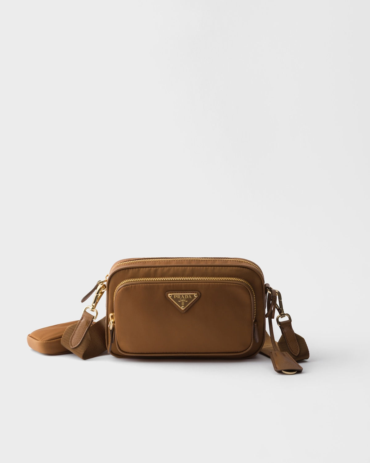 Prada mini shoulder bag in brandy Re-Nylon and Saffiano leather – front view