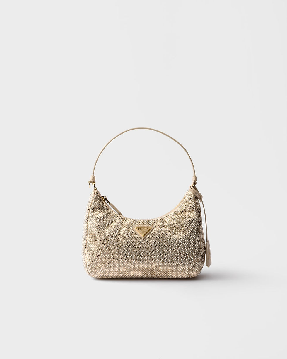 Prada Re-Edition 2005 mini bag in sand beige crystal-studded satin – front view