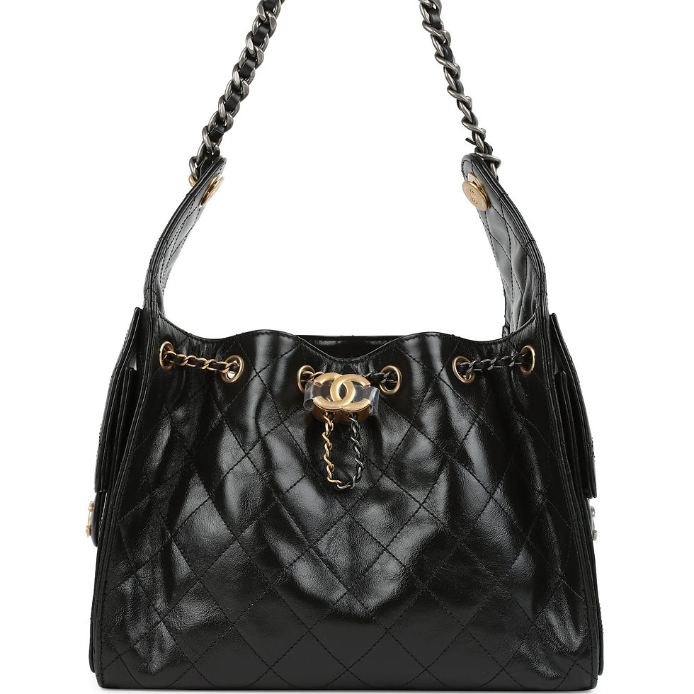 Chanel Small 25 Hobo Bag in shiny crumpled calfskin, front view with gold CC turnlock and gunmetal chain