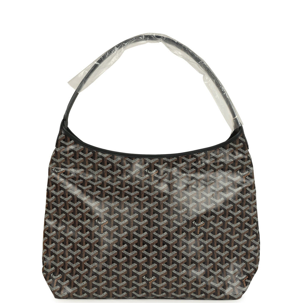 Goyard Boheme hobo in Black Goyardine canvas, front view with the handle wrapped in film