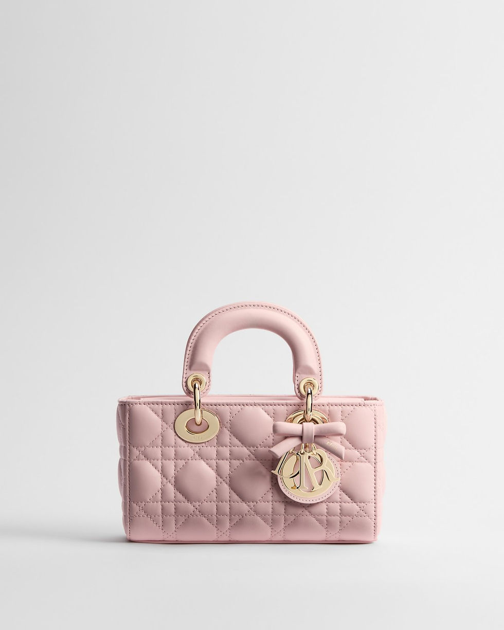 Dior Mini Lady D-Joy bag with bow in Soupir pink Cannage lambskin – front view