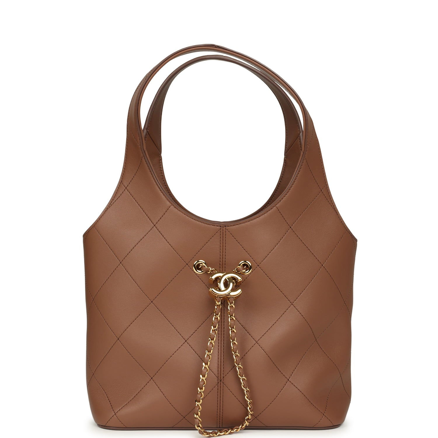 Chanel Daily Trendy Shopping Bag in brown calfskin, shown front-facing with its gold-tone CC turnlock tassel