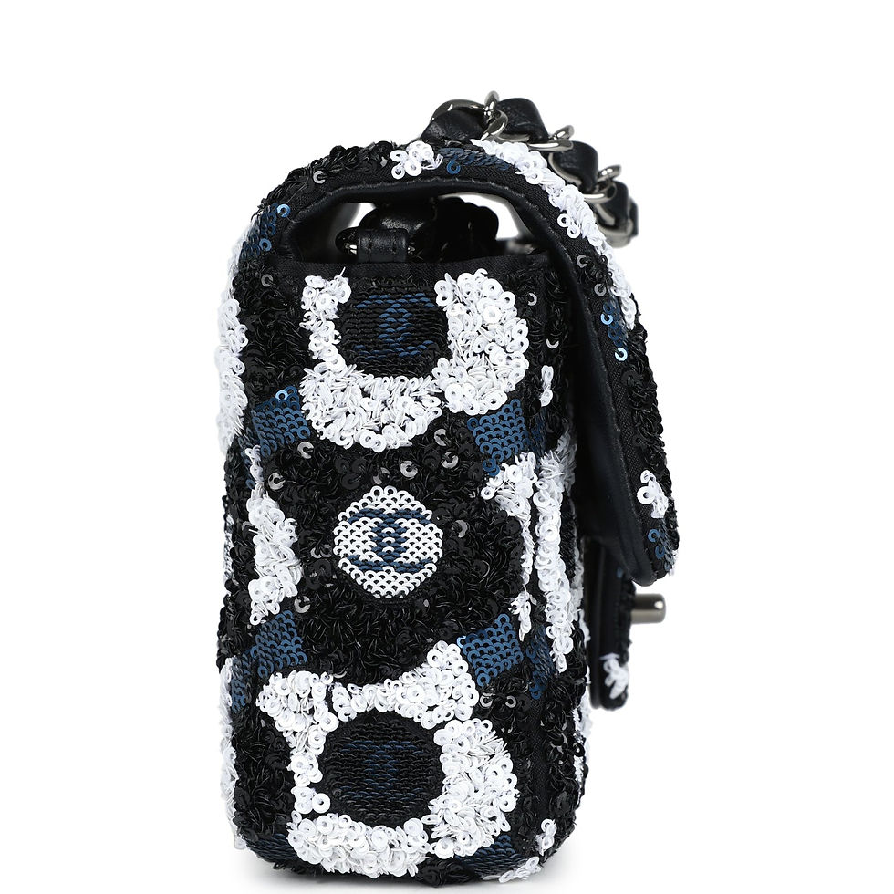 Thumbnail: Side view of the sequin flap bag with its allover floral pattern and ruthenium hardware