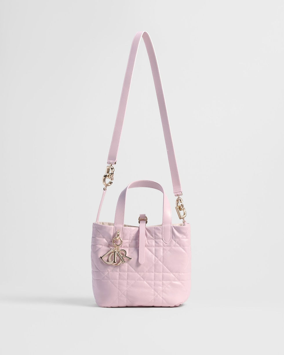 Dior Small Toujours Reversible Vertical Tote in Craie and Rose Tendre calfskin – front view with strap