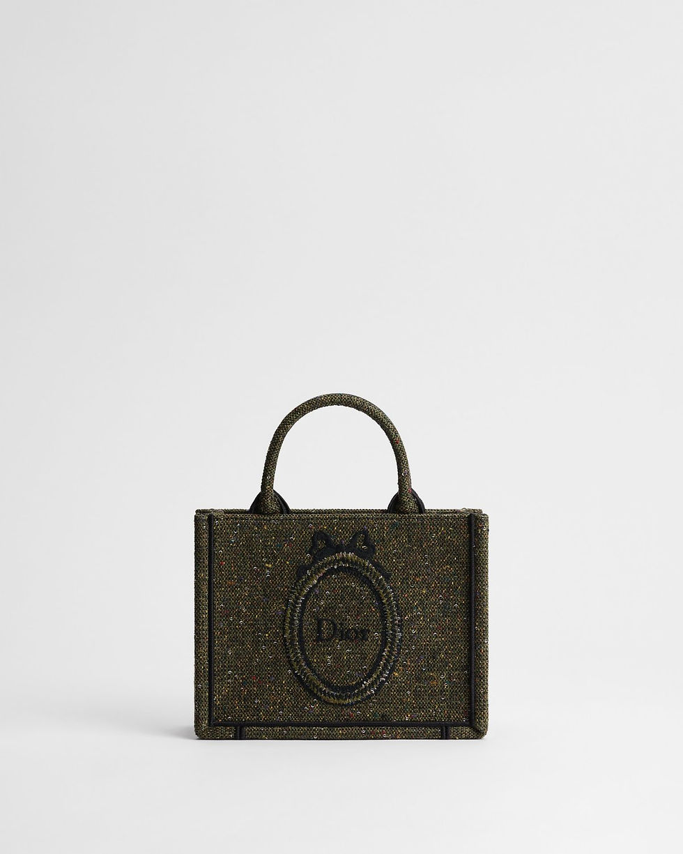 Dior Mini Book Tote with strap in green Donegal tweed with sequins – front view