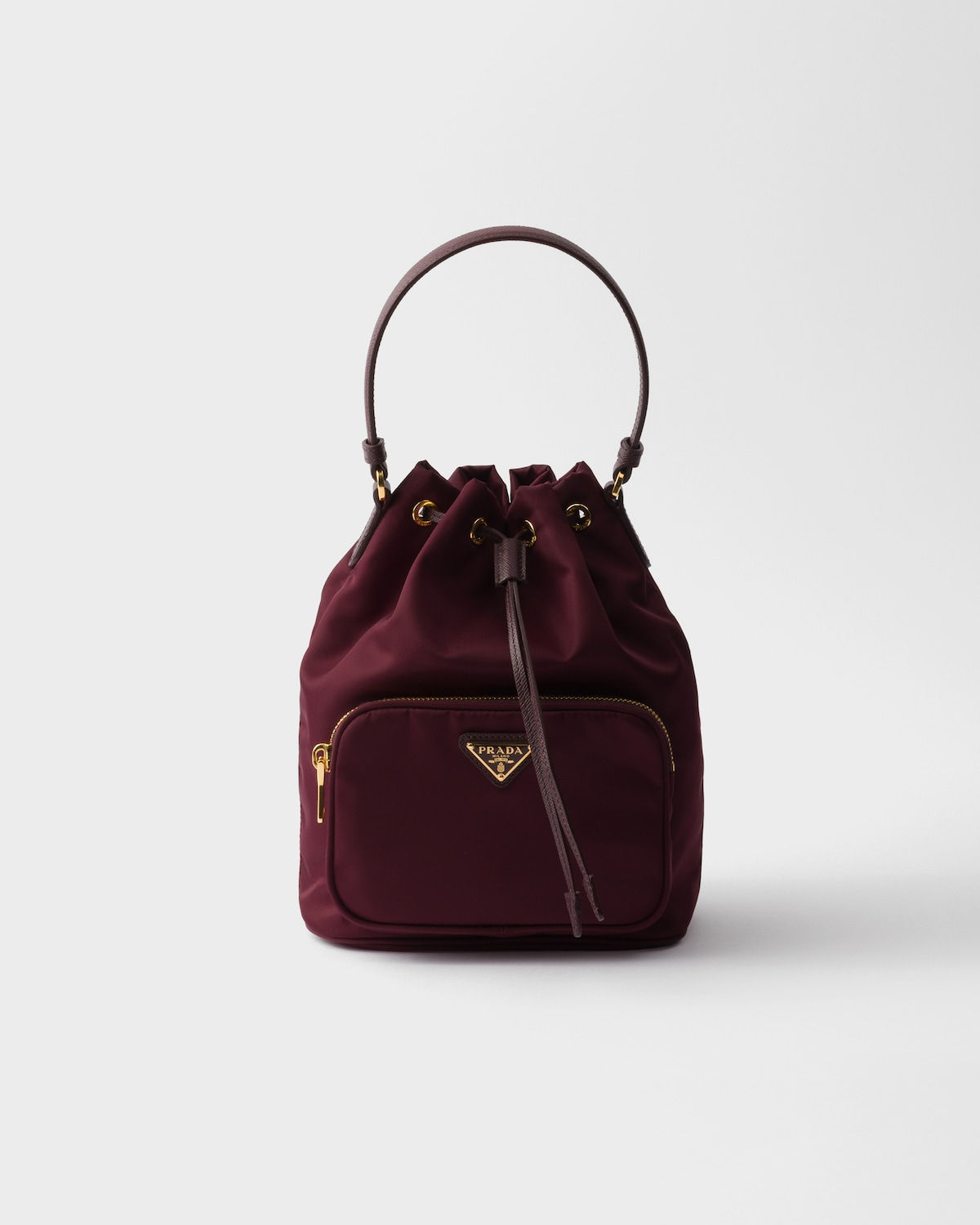 Prada Duet bucket bag in burgundy Re-Nylon – front view