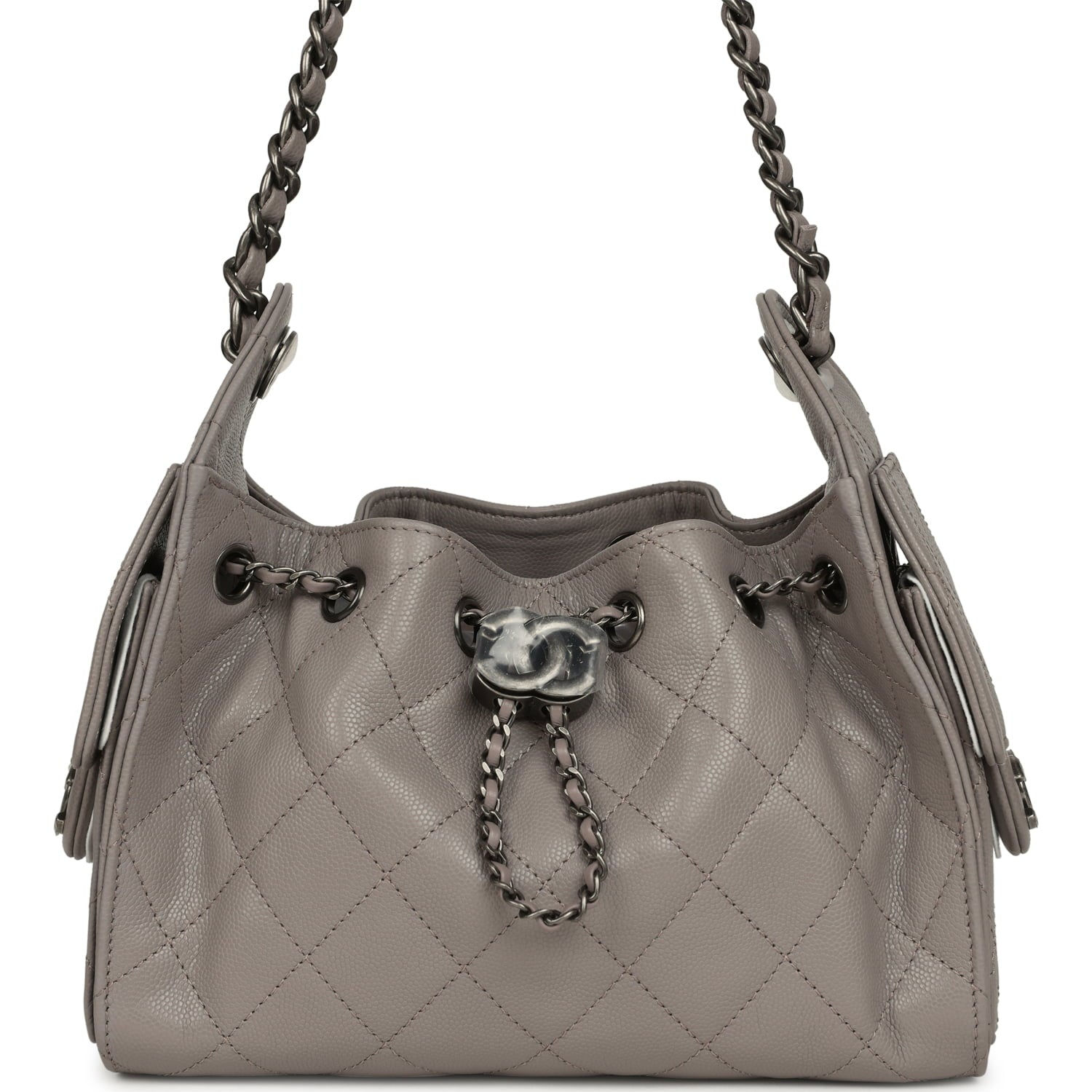 Chanel Mini 25 Hobo Bag in grey caviar leather, front view with drawstring and CC turnlock
