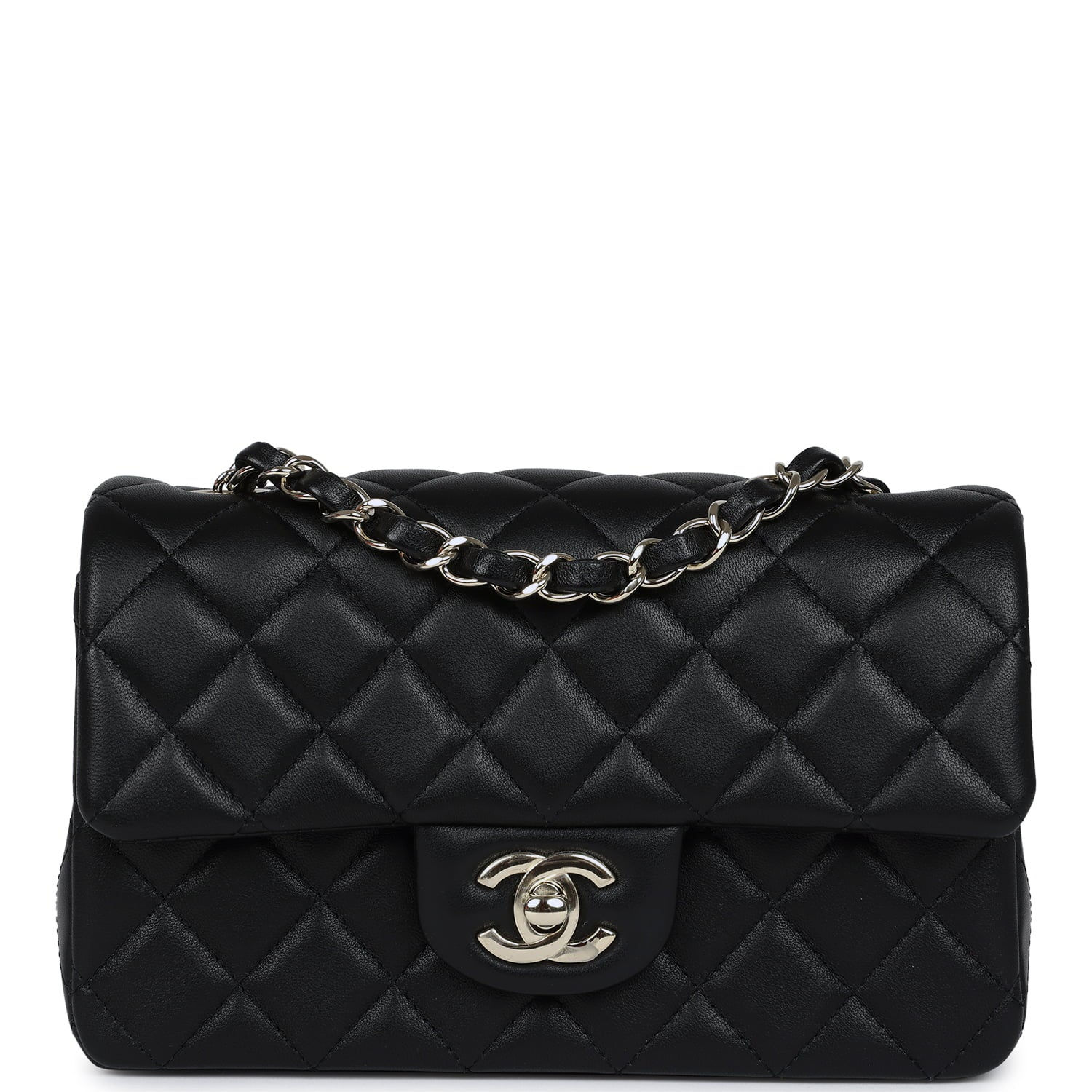 Chanel Mini Rectangular Flap bag in black quilted lambskin, front view with chain strap