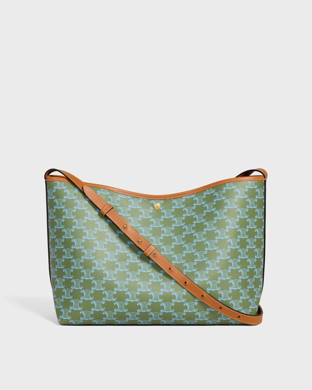 Celine Soft Shopper Bag in Light Kaki/Sky Blue Triomphe Canvas and Calfskin – front view