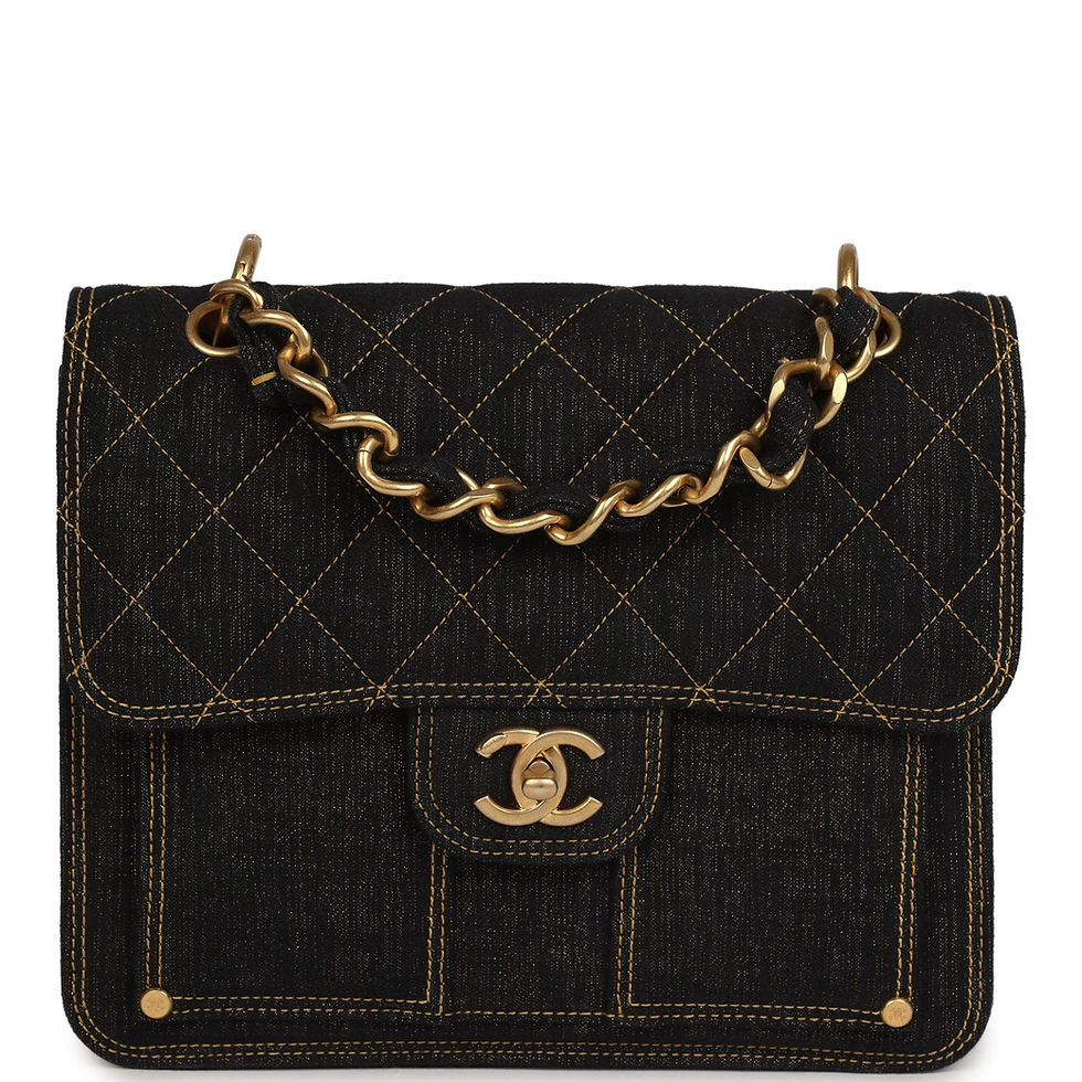 Front view of the Chanel Double You backpack in black quilted denim with gold-tone CC turnlock