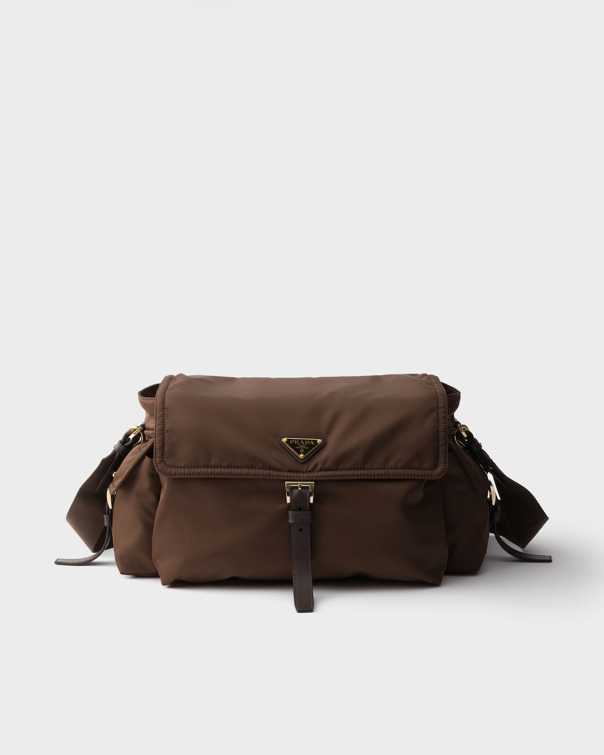 Prada Explore large shoulder bag with flap in sienna Re-Nylon – front view
