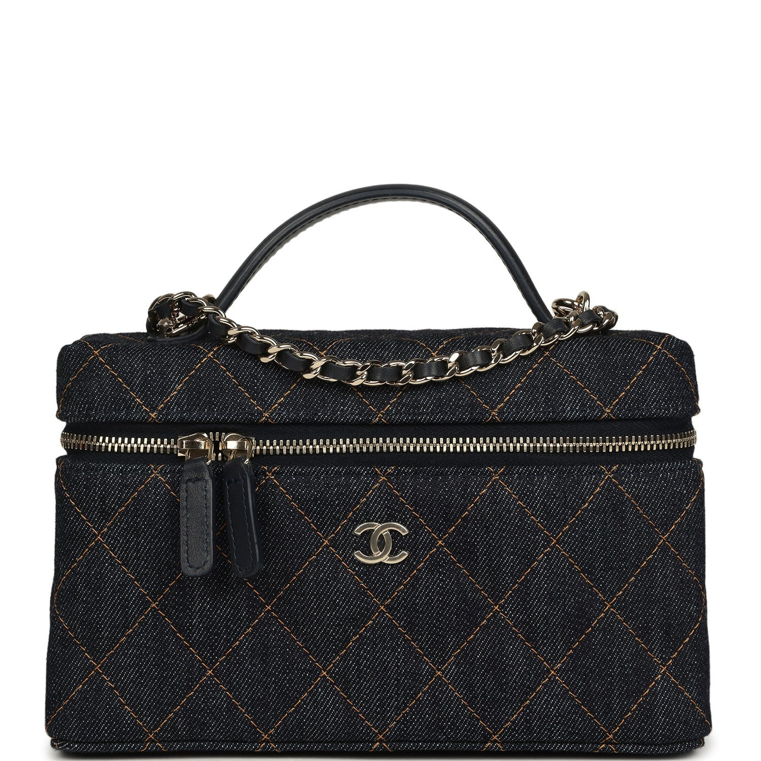 Front view of the blue denim vanity case with contrast gold-toned topstitching