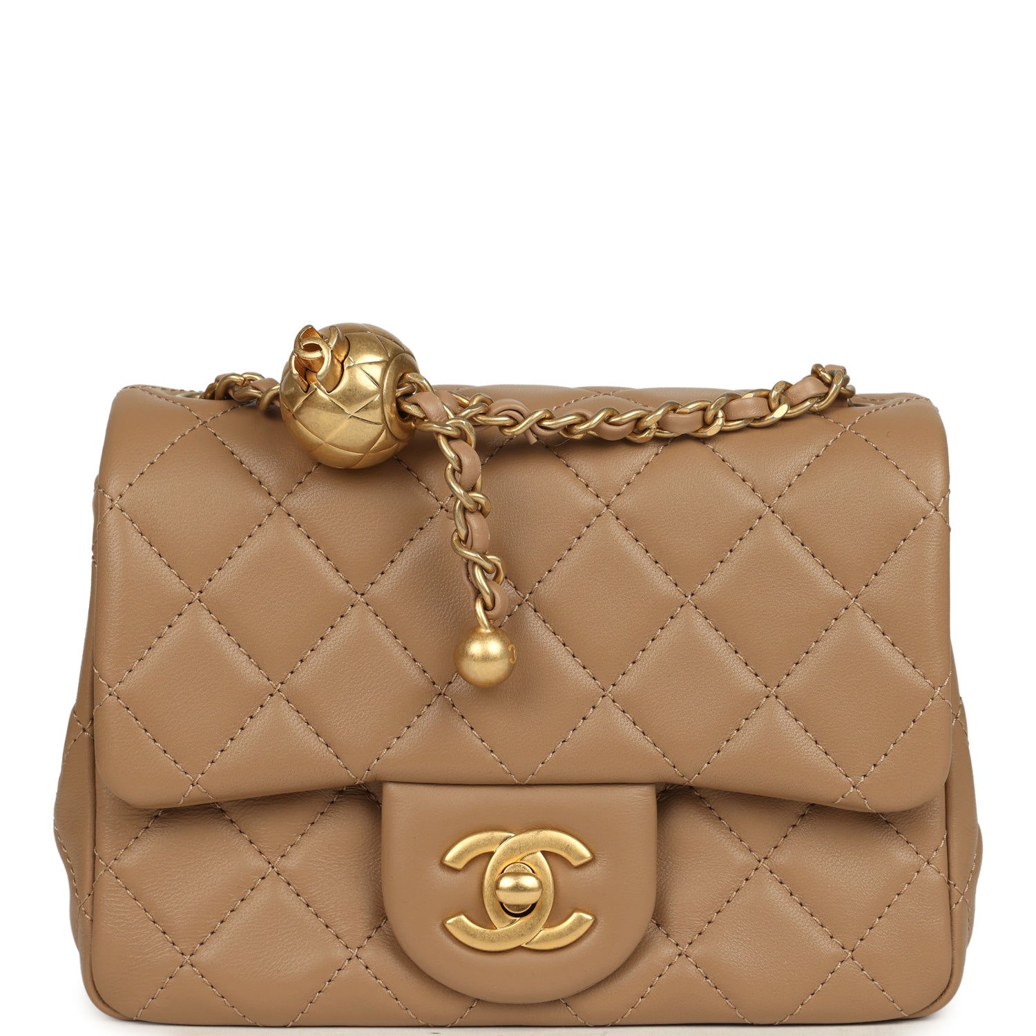 Chanel Mini Pearl Crush Square Flap Bag in beige lambskin, front view with gold CC turnlock