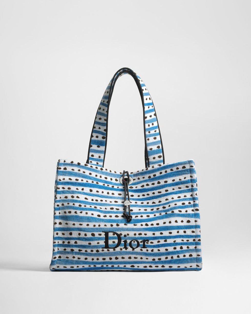 Dior Dioriviera Medium Spongy Book Tote in blue striped fabric – front view