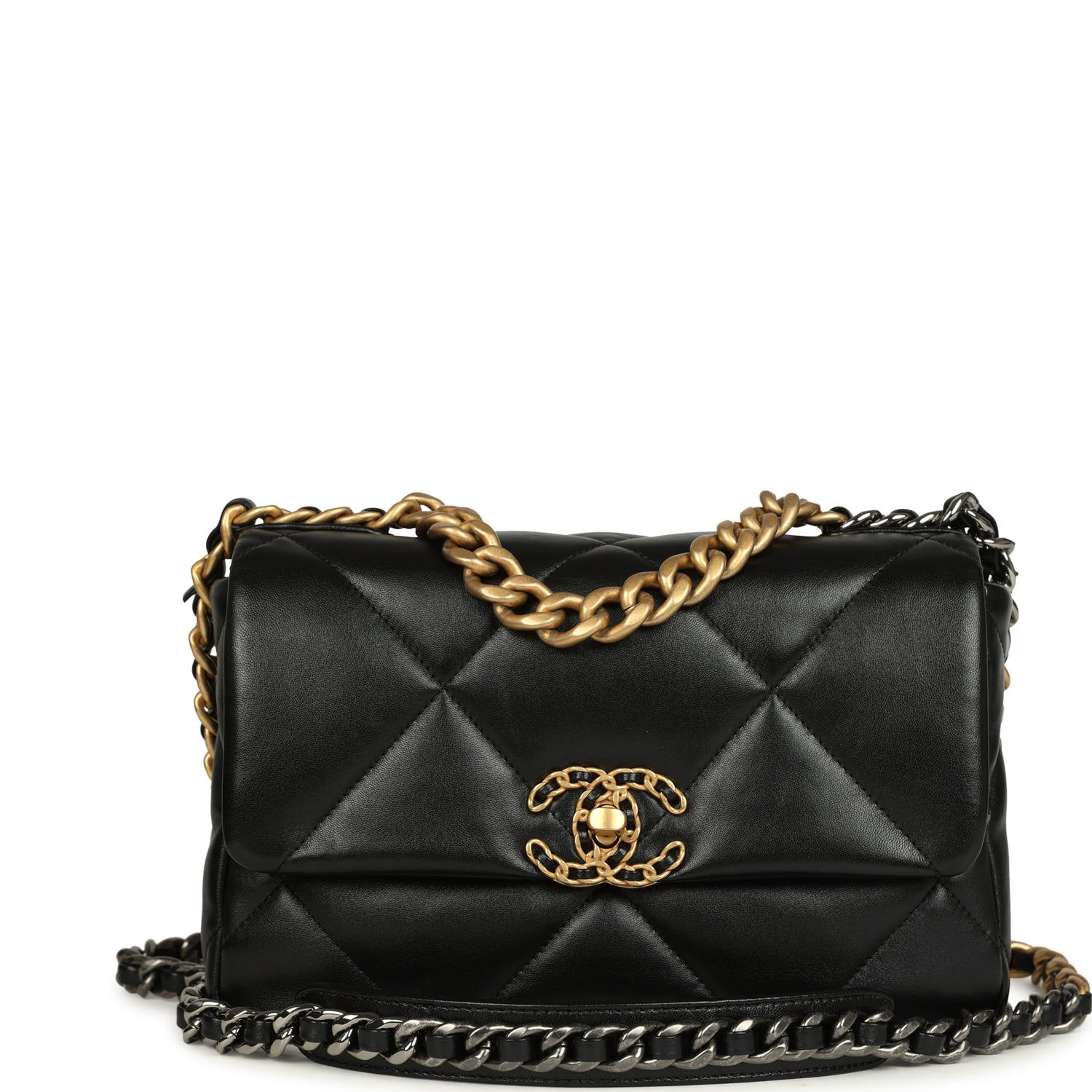 Chanel 19 medium flap bag in black shiny lambskin with mixed gold-tone, ruthenium and aged-gold chain strap