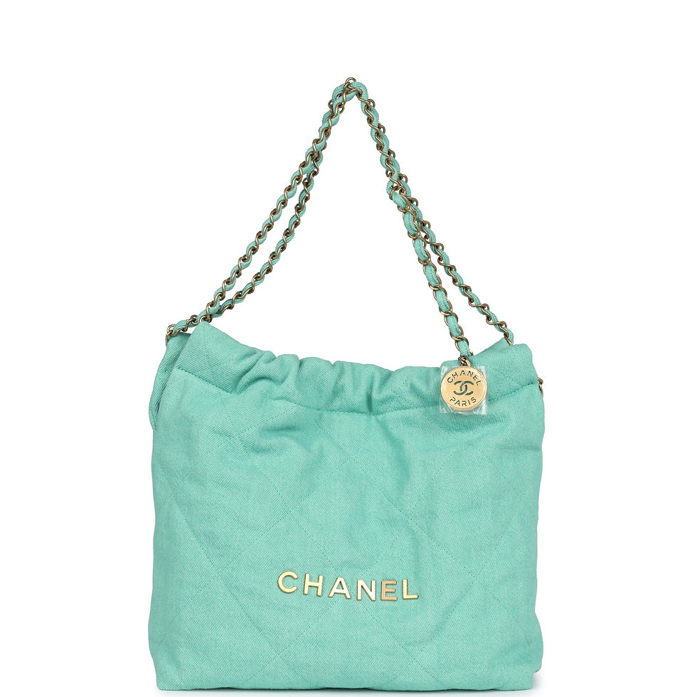 Chanel 22 Small bag in mint-green washed denim with gold-tone chain strap