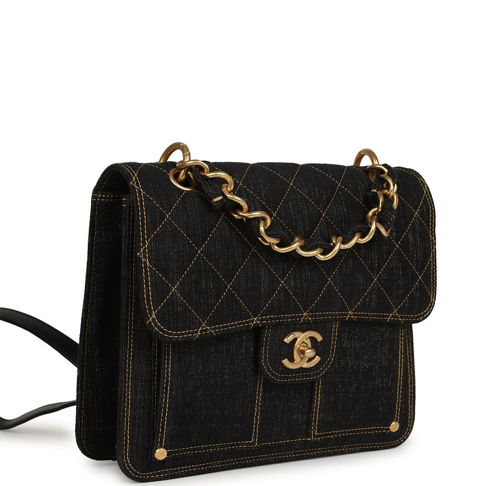 Side-angle view showing the backpack's black leather straps and antique gold chain-link handle