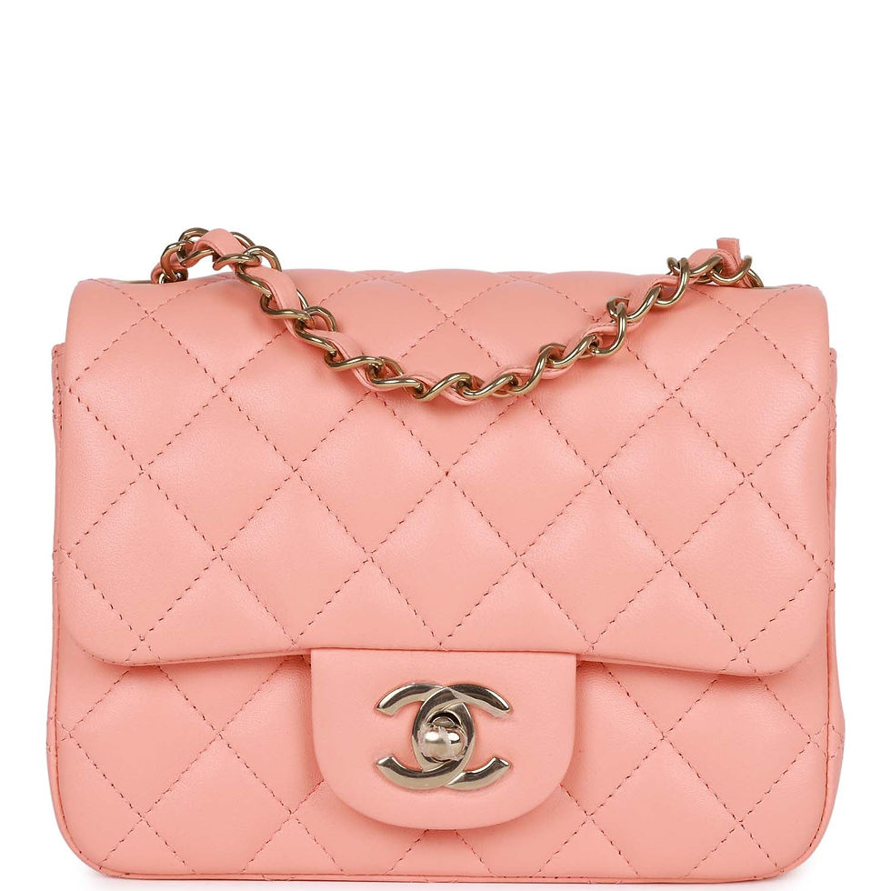 Chanel Mini Square Flap Bag in coral-pink lambskin, front view with light gold CC turnlock