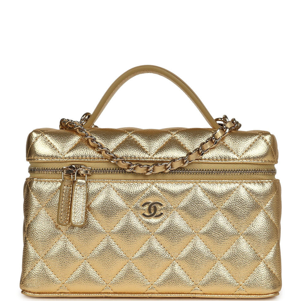 Front view of the gold metallic caviar vanity case with light gold-tone hardware