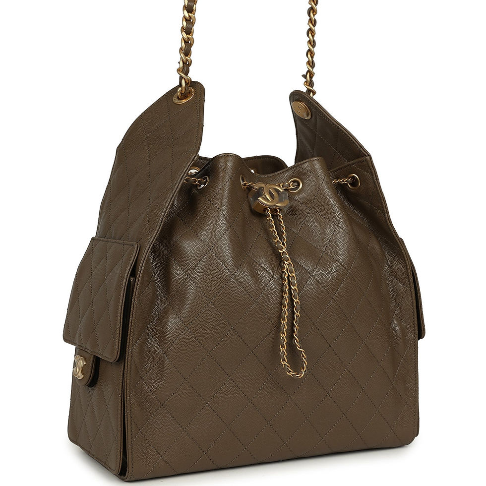 Angled front view of the khaki quilted hobo showing chain drawstring and side pocket