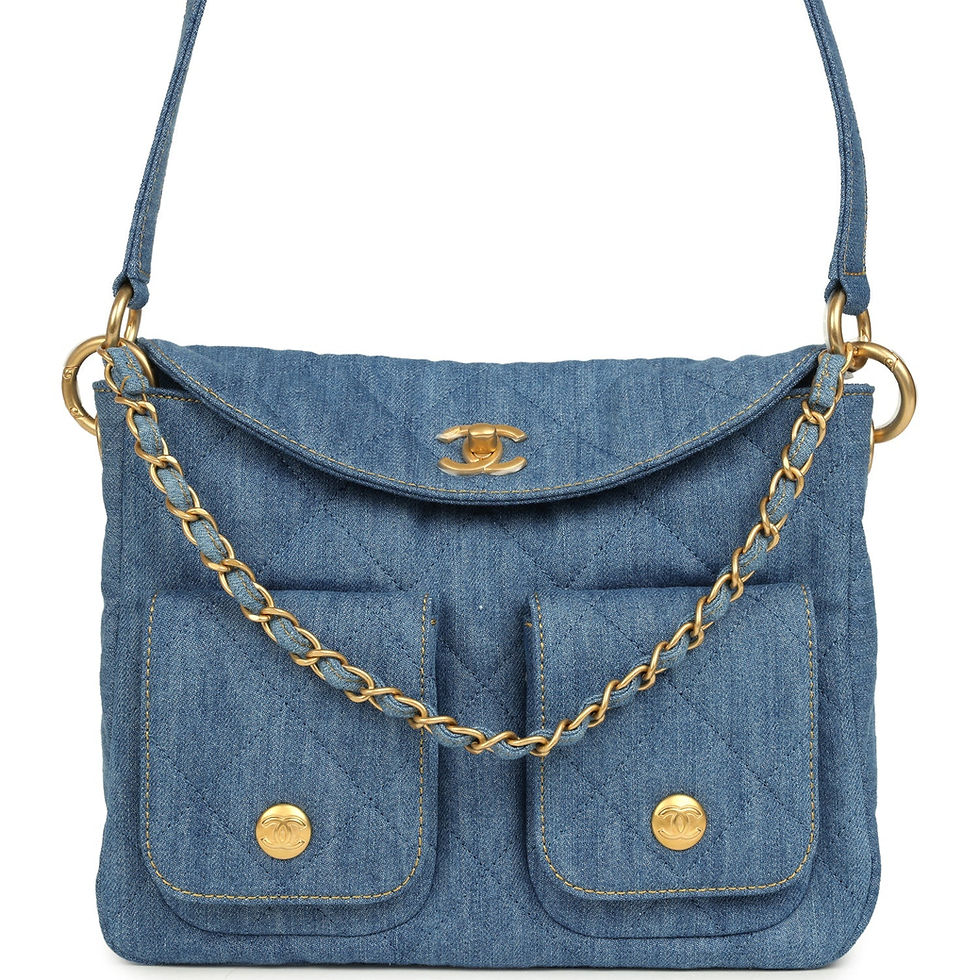 Front view of the Chanel Small Supple Twins hobo bag in light blue quilted denim with gold CC turnlock