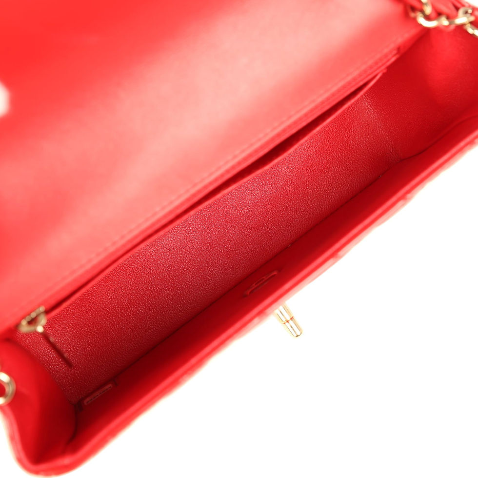 Thumbnail: Open interior of the red patent Chanel Mini Rectangular Flap bag showing leather lining