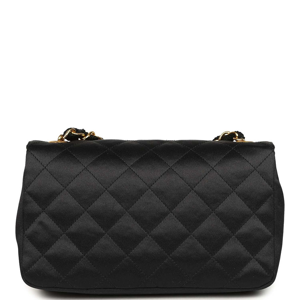 Thumbnail: Back view of the mini flap bag in diamond-quilted black satin fabric