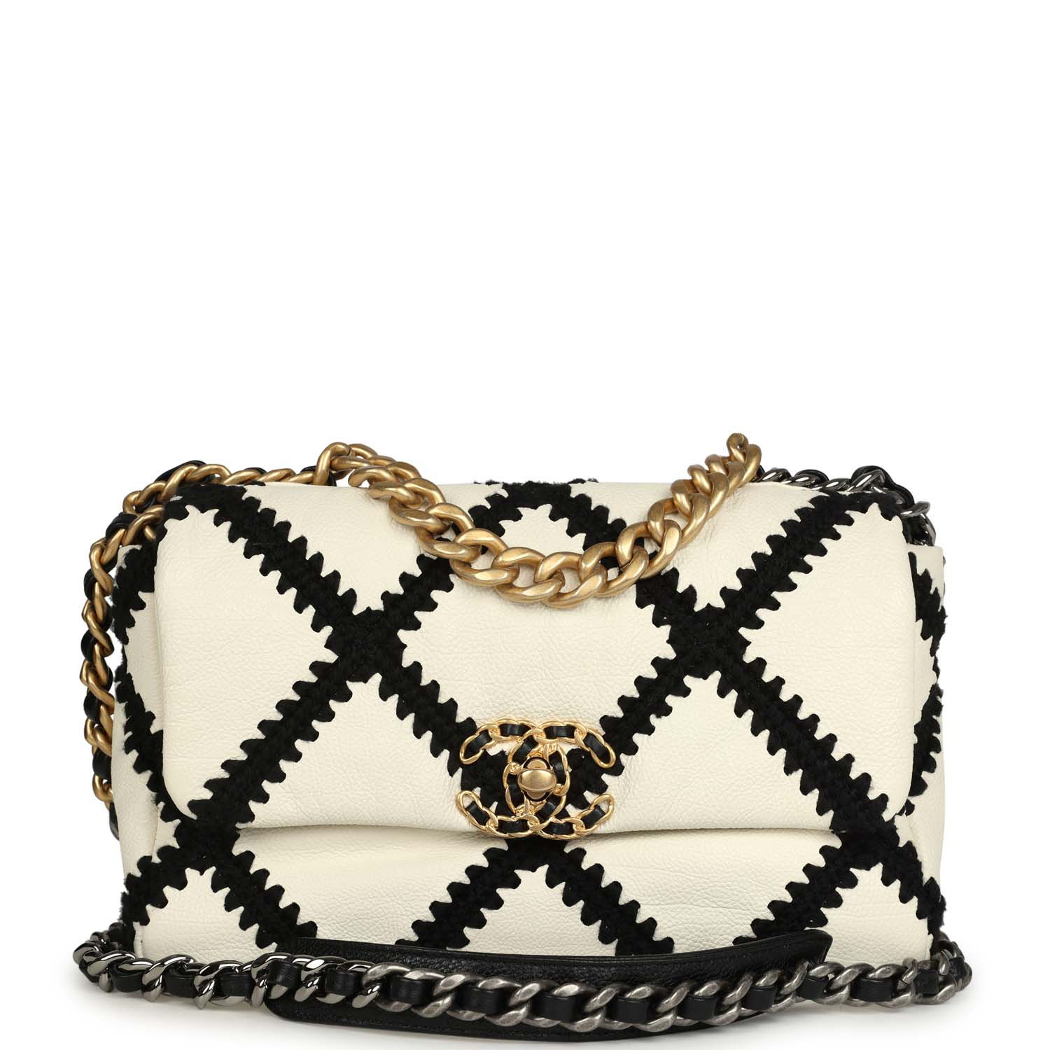 Chanel 19 medium flap bag in white calfskin with black crochet diamond trim and mixed metal chain strap