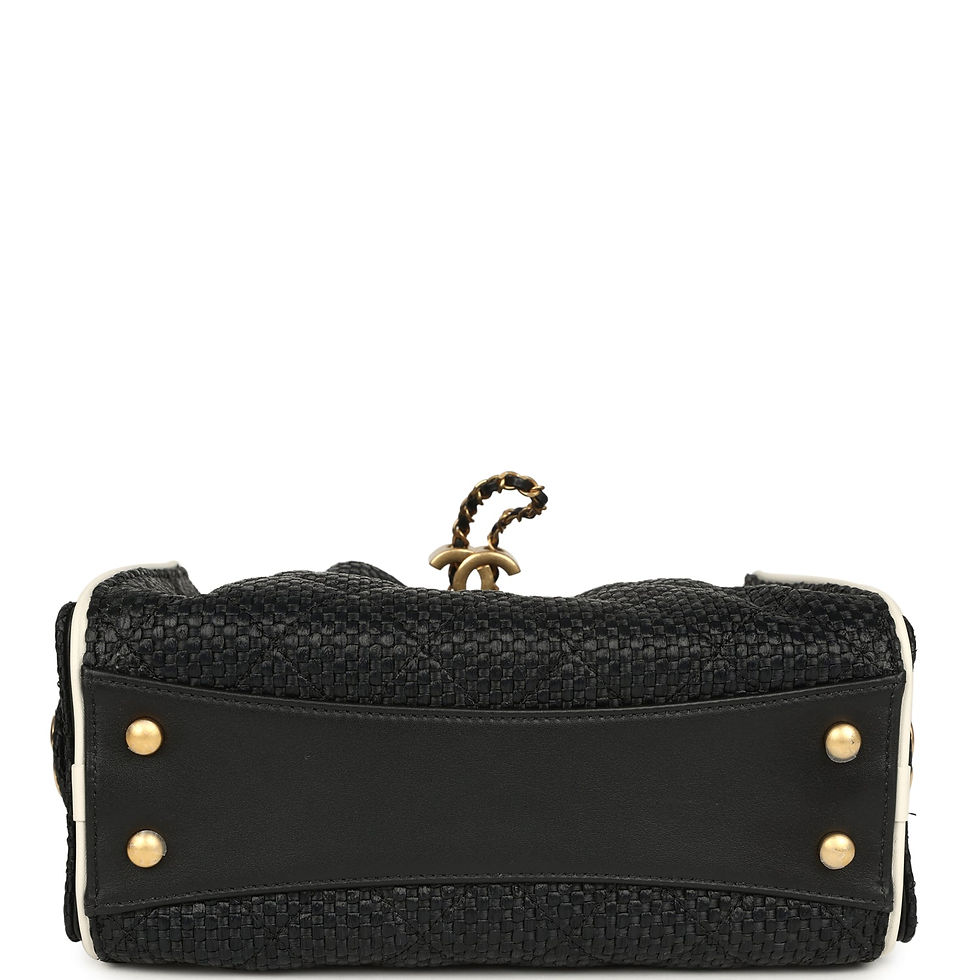Thumbnail: Base of the raffia hobo bag showing the black calfskin panel finished with gold-tone studs