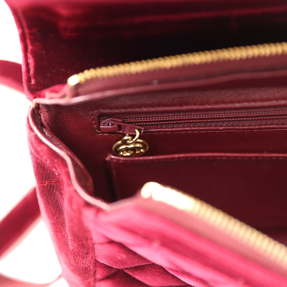 Thumbnail: Close-up of the interior zip pocket and gold-tone CC zipper pull inside the velvet backpack