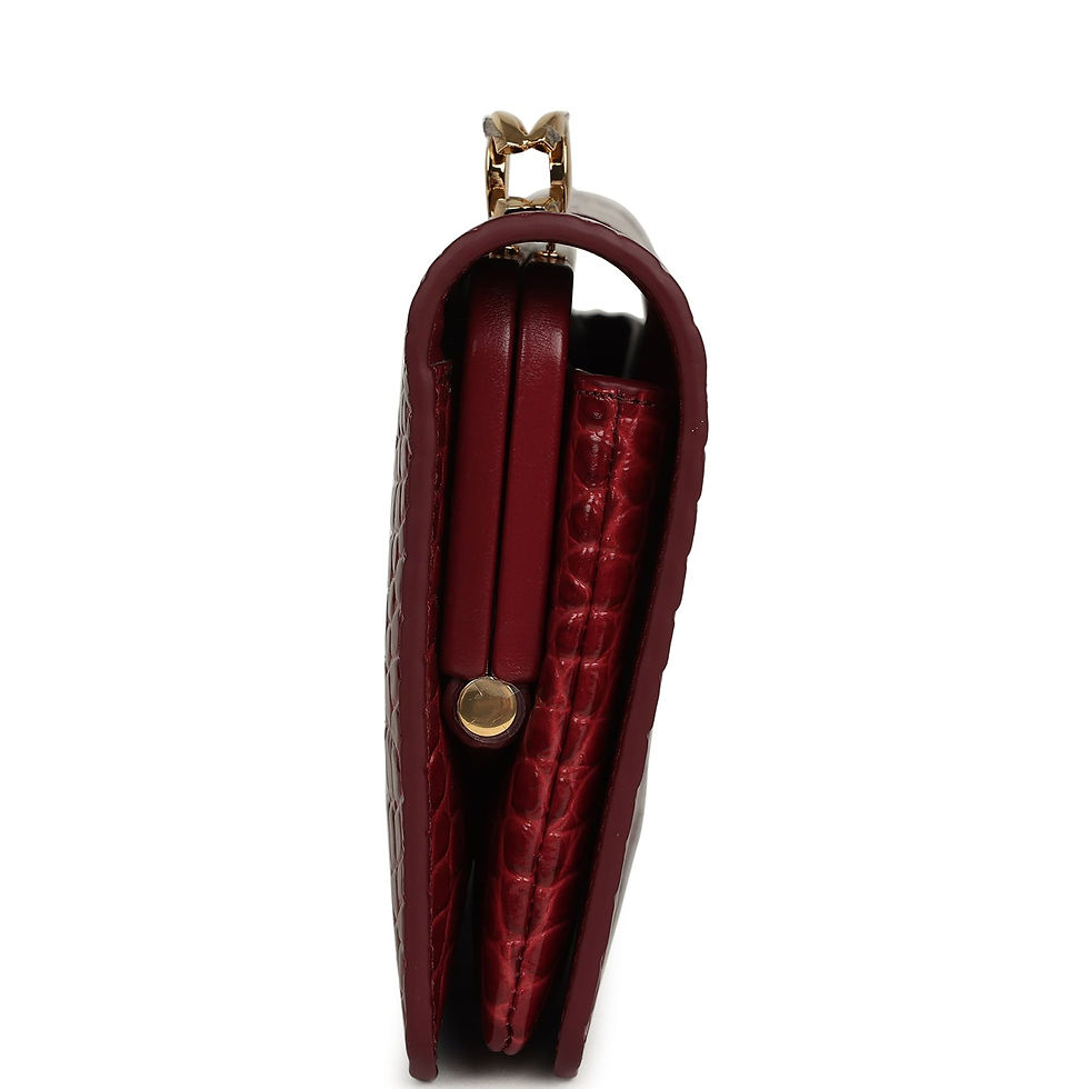 Thumbnail: Side profile of Chanel burgundy croc-embossed clutch showing slim rectangular silhouette