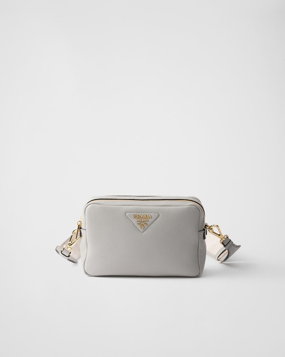 Prada small shoulder bag in granite gray calfskin with woven tape strap – front view