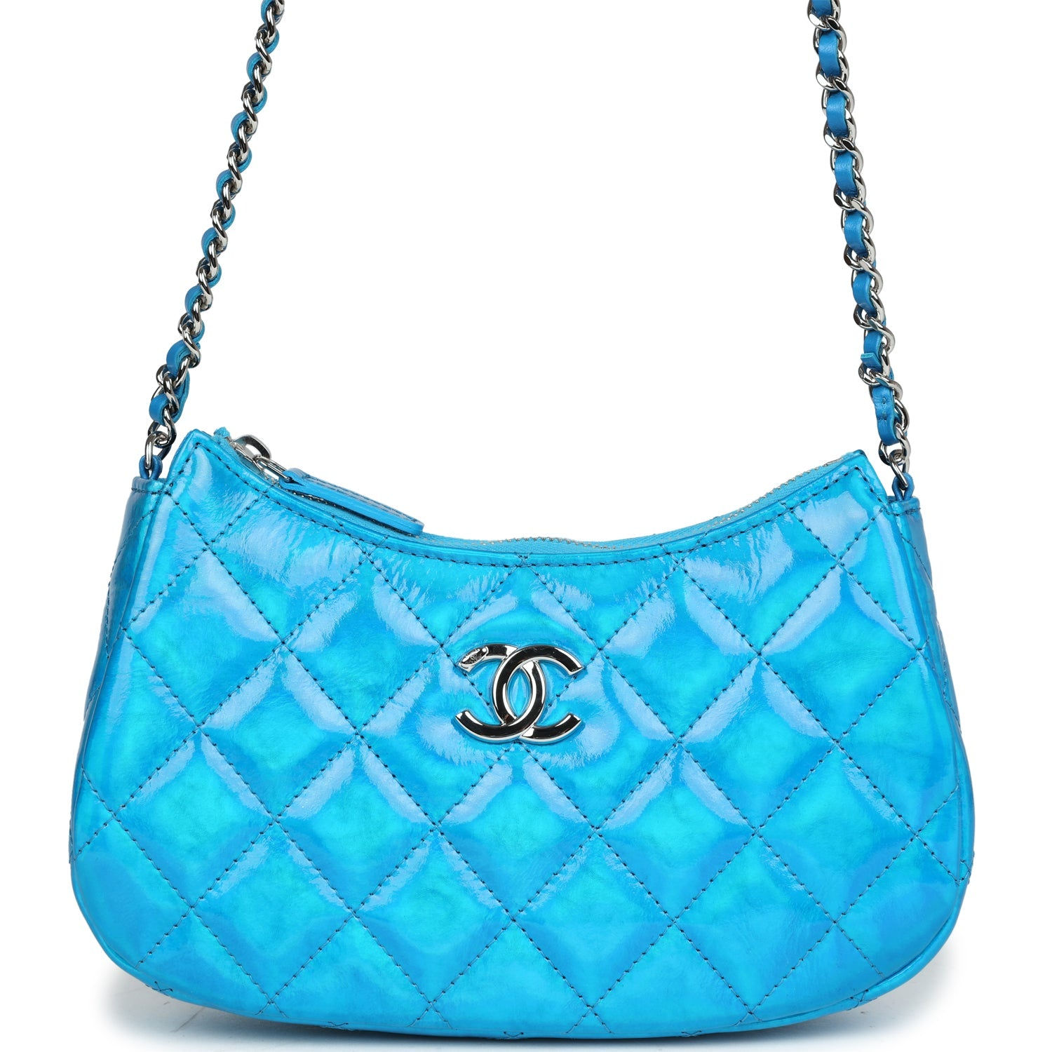 Chanel Mini Hobo bag in vivid blue metallic goatskin with silver-tone CC turn-lock