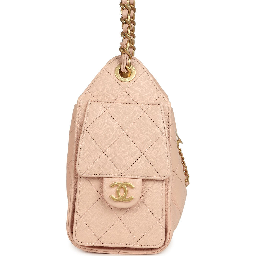Thumbnail: Angled view of the dusty pink caviar bag showing the open top and flap pocket with CC turnlock