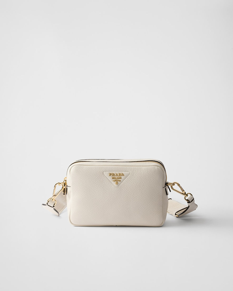 Prada small shoulder bag in white calfskin with woven tape strap – front view