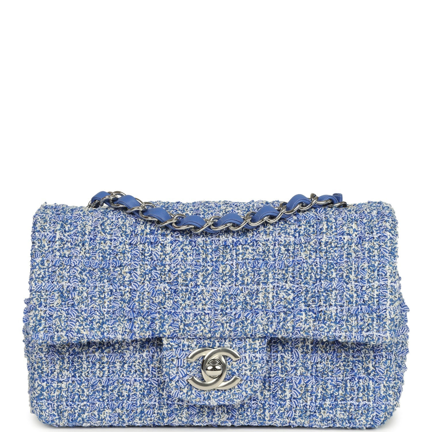 Chanel Mini Rectangular Flap Bag in blue and white tweed, front view with silver CC turnlock