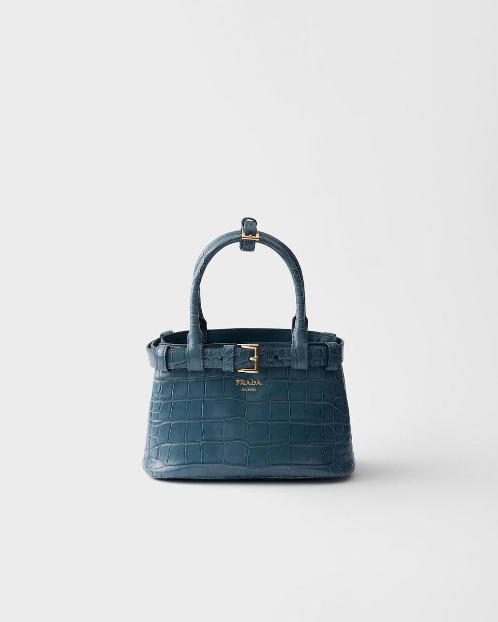 Prada Buckle small handbag with belt in marina blue alligator leather – front view