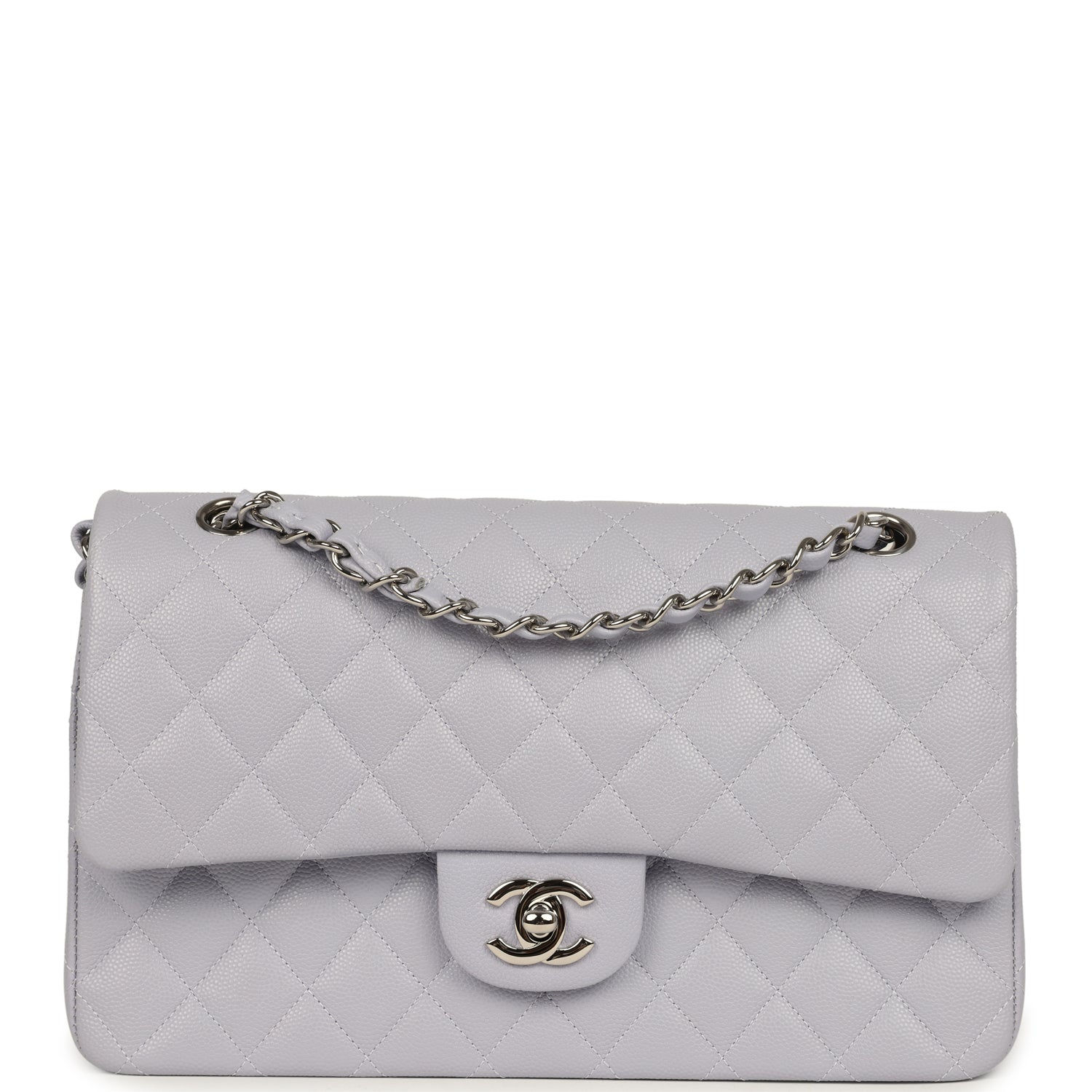 Front view of the light lavender caviar Chanel Medium double flap with silver hardware