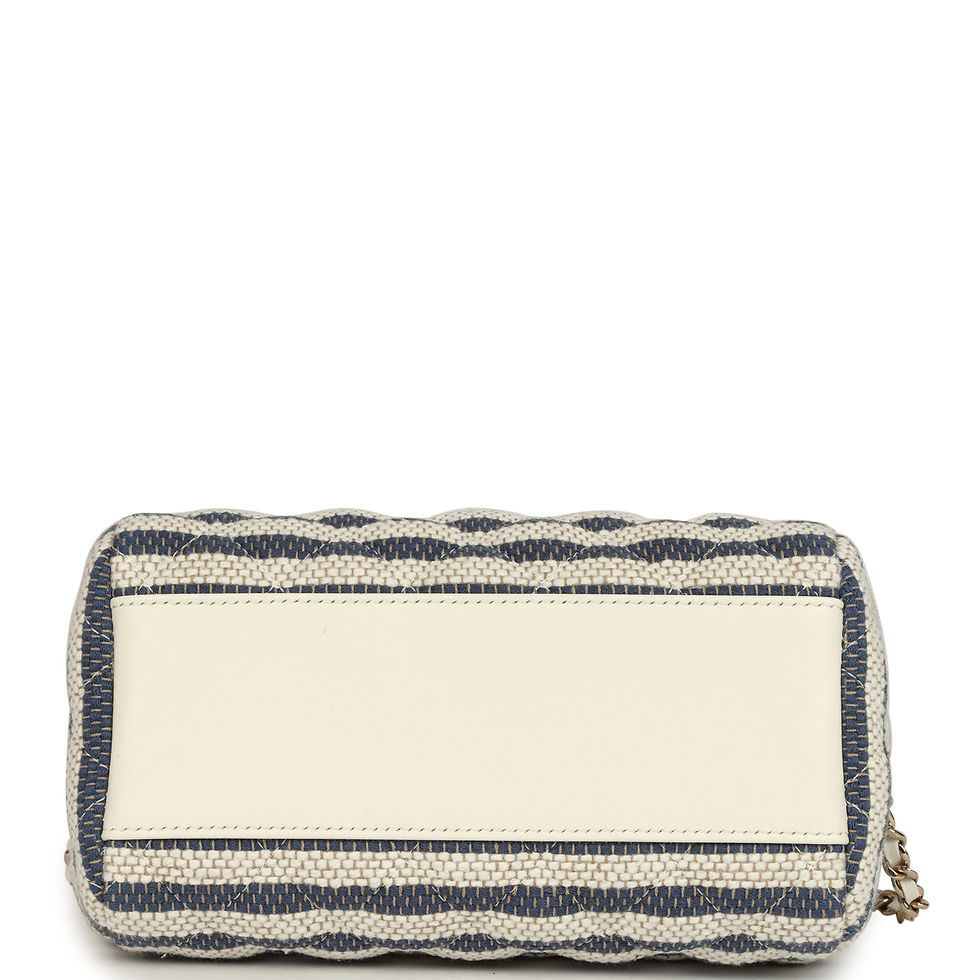 Thumbnail: Base of the beige and blue striped Chanel Mini Timeless Barrel bag with leather panel