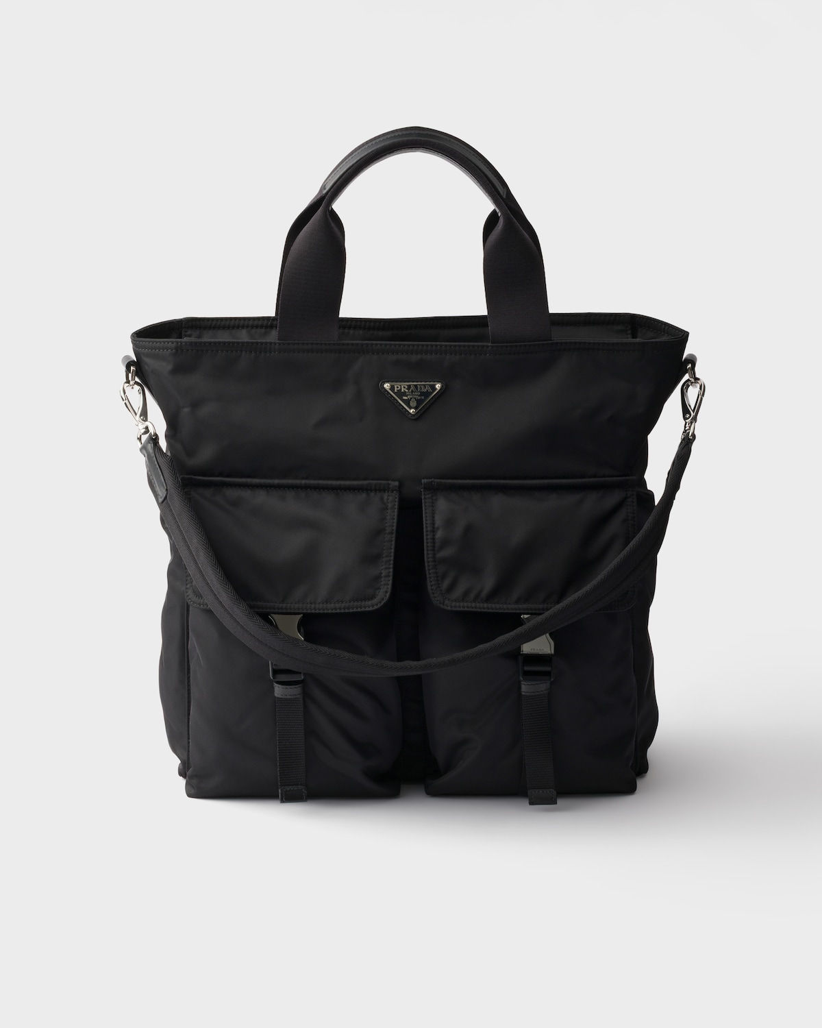 Prada Explore tote bag in black Re-Nylon and leather – front view